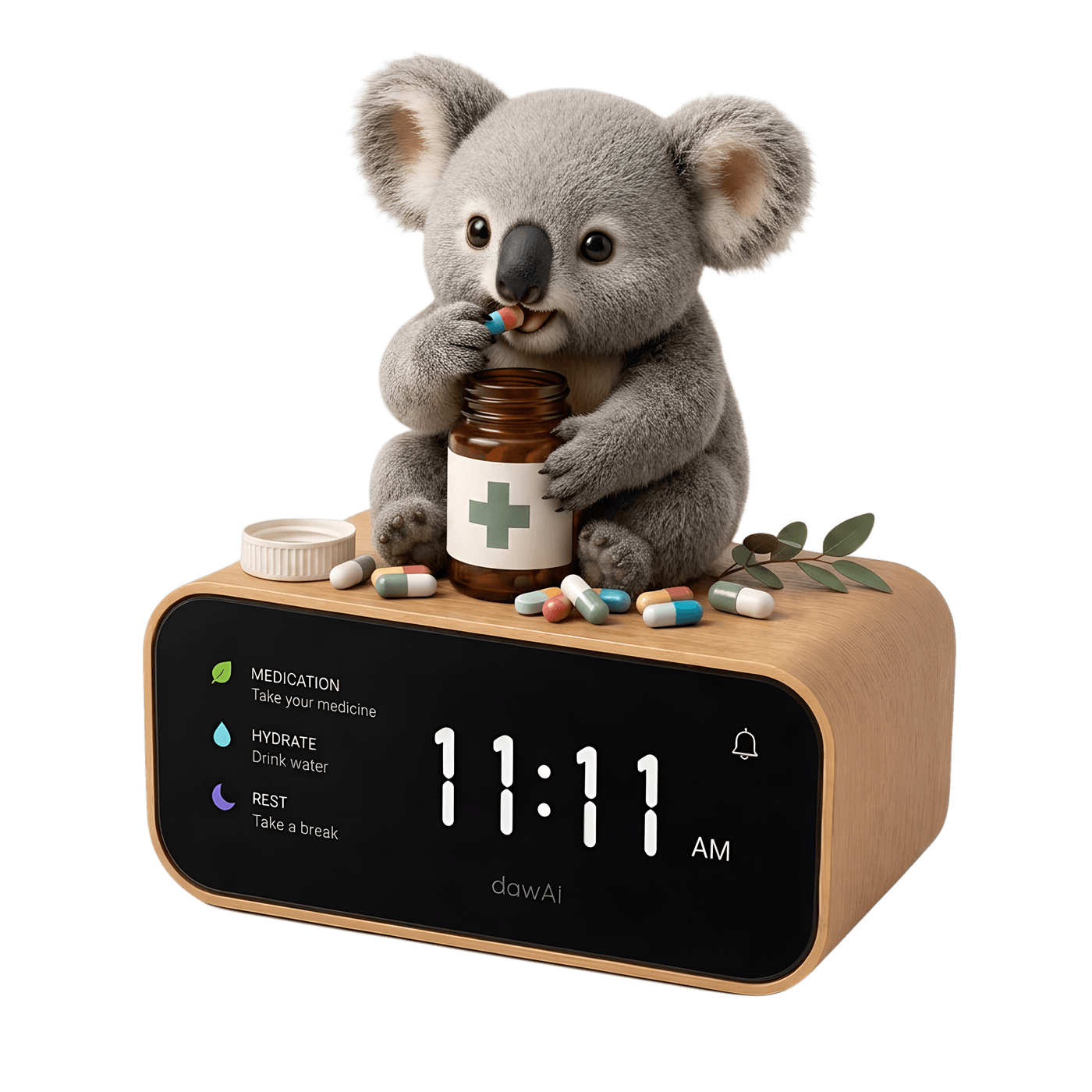 dawAI koala mascot taking its medicine on time